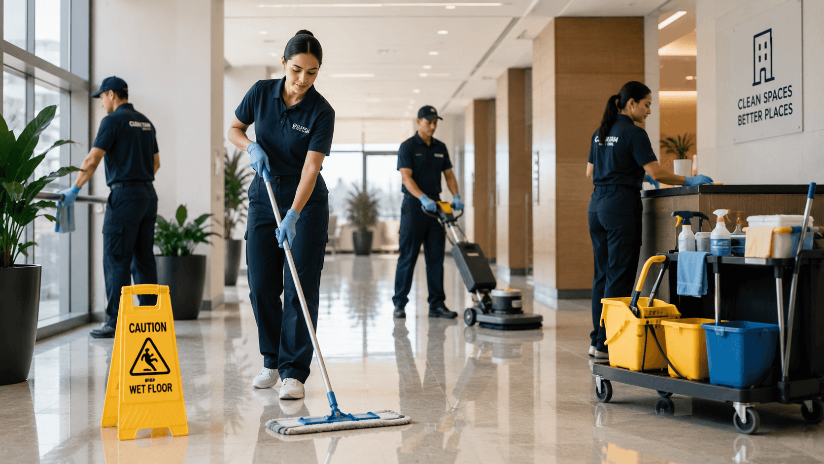 Professional janitorial and cleaning services team cleaning a modern commercial building, including floor mopping, window cleaning, surface sanitization, and facility maintenance with commercial-grade equipment.